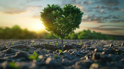 A heart-shaped tree growing in diverse soil, illustrating the growth of global wellness initiatives - obrazy, fototapety, plakaty