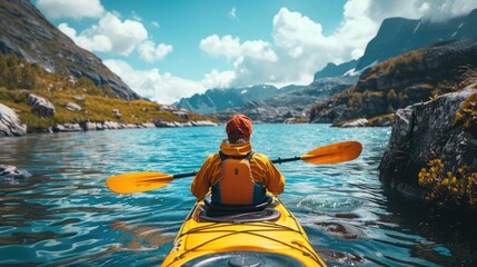 Glacial lake kayaking under summer sky - obrazy, fototapety, plakaty