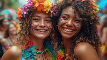 Lesbians look at the camera and smile, at the LGBT parade, a party on the street in support. Fun and bright festival. LGBT flags. generative ai - obrazy, fototapety, plakaty