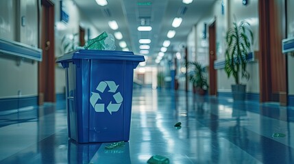 A recycling bin in a hospital, representing the integration of healthcare and environmental sustainability - obrazy, fototapety, plakaty