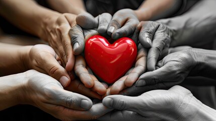 A series of hands passing a healthy heart, illustrating the collective responsibility for heart health