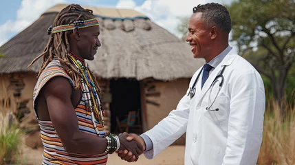 Fotobehang A traditional healer and a medical doctor shaking hands, representing the integration of different health practices © Gefo