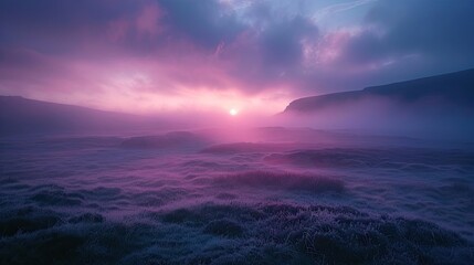 Fototapeta na wymiar Misty moorland photography expedition at dawn