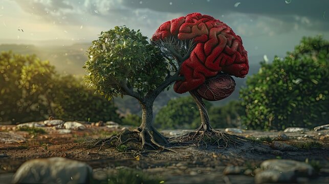 A heart and a brain connected by a healthy tree, showing the link between mental and physical health