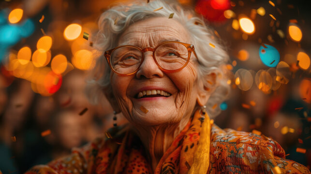 Grandma dances and has fun at the festival, life in retirement, a good and healthy way to age. Old woman. Smiles and fun. generative ai