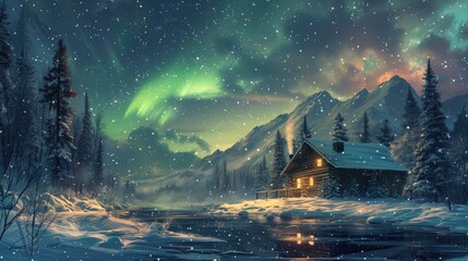 Aurora borealis observation from snowy cabin