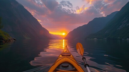 Majestic fjords kayaking at sunrise - obrazy, fototapety, plakaty
