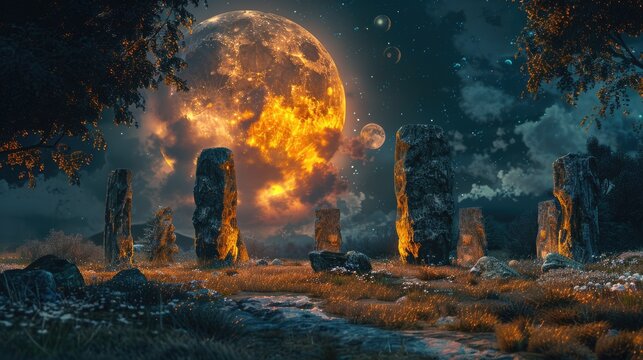 Full moon ritual in ancient stone circle