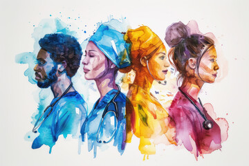 Colorful watercolor painting of a group of medical professionals - obrazy, fototapety, plakaty