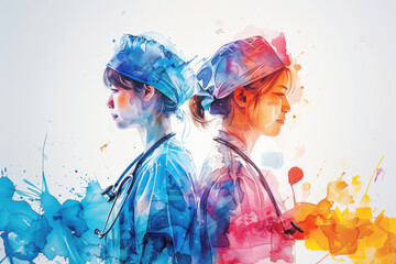 Colorful watercolor painting of a group of medical professionals
