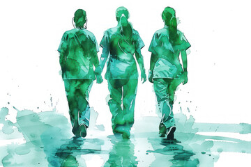 Green watercolor painting of a group of medical professionals