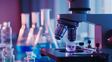 A beaker and microscope on desk clean background.