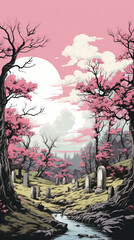 Cherry Blossoms Over Ancient Ruins Illustration
