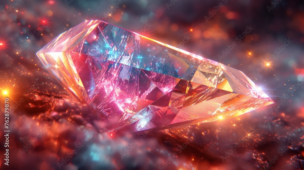Poster a multifaceted crystal reflecting light in all directions representing the many dimensions of realit
