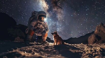 A man in a space suit is sitting on the ground with a dog. - obrazy, fototapety, plakaty