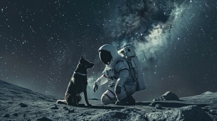A man in a space suit is sitting on the ground with a dog.