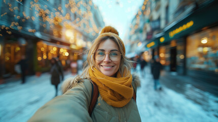 A beautiful woman takes a selfie against the background of a taxi, transport and people. A happy...