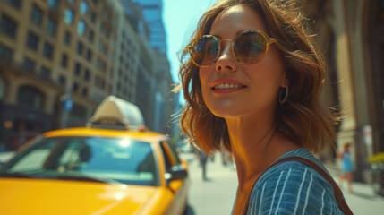 A beautiful woman takes a selfie against the background of a taxi, transport and people. A happy...