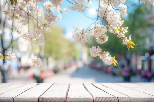 Wood table soft spring background..