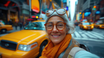 A beautiful woman takes a selfie against the background of a taxi, transport and people. A happy...