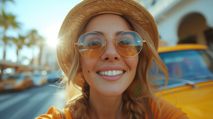 A beautiful woman takes a selfie against the background of a taxi, transport and people. A happy...