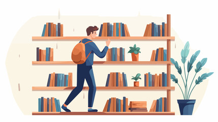 Young man taking picking a book from bookshelf shel