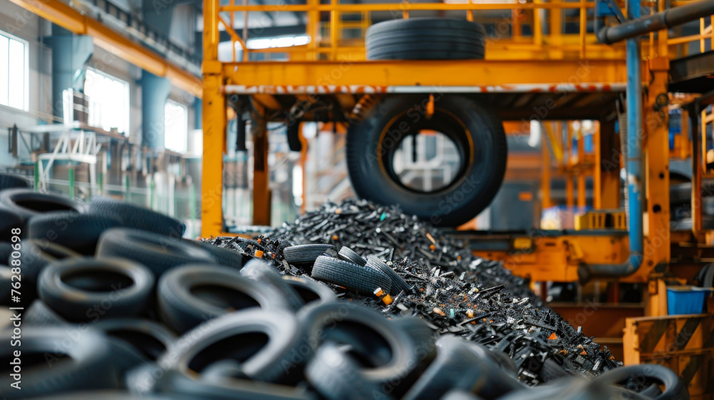 Poster an upclose view of a tire recycling factory with piles of old tires being transformed into new usabl