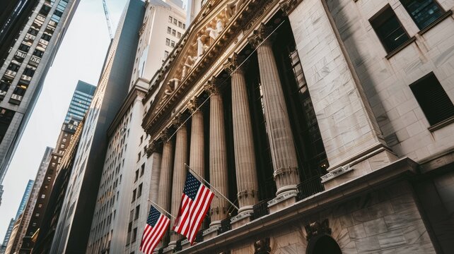 Wall Street's financial institutions and flags - Prominent view of Wall Street with financial institutions' facades and American flags flapping in the wind