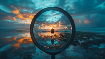An inspiring image of a person gazing at a vast, open sky through a magnifying glass, illustrating Vision, Perspective, and Exploration in personal growth and discovery - obrazy, fototapety, plakaty