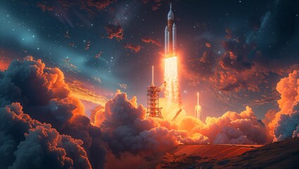 A vibrant portrayal of a rocket launch, embodying Drive, Innovation, and Breaking new ground in pursuits of excellence and achievement - obrazy, fototapety, plakaty