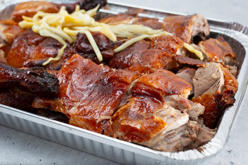 A view of a tray full of chopped BBQ pork.