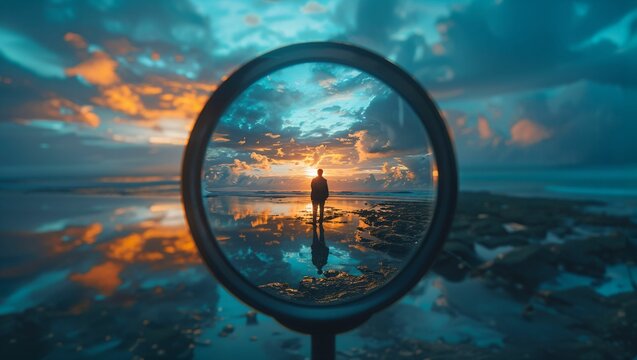 An inspiring image of a person gazing at a vast, open sky through a magnifying glass, illustrating Vision, Perspective, and Exploration in personal growth and discovery