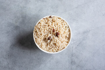 A top down view of a bowl of Jamaican white rice.