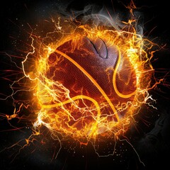 Basketball engulfed in fiery flames on black background - A visually striking depiction of a basketball caught in an inferno, symbolizing intensity and power on a dark backdrop
