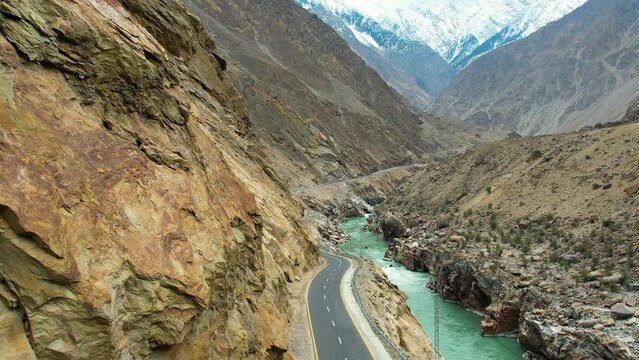 Aerial View Of Jaglot Skardu Road - JSR That Connects Gilgit region to Baltistan region of Gilgit Baltistan. Dolly Right 