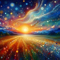 Abstract painting of the beginning of the sunrise with stars scattered Over distant fields and hills. - obrazy, fototapety, plakaty