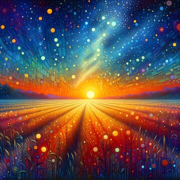 Abstract painting of the beginning of the sunrise with stars scattered Over distant fields and hills.