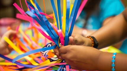A closeup of a pair of hands holding a bundle of colorful construction paper scissors and glue working together to create posters and signs for an upcoming community event.