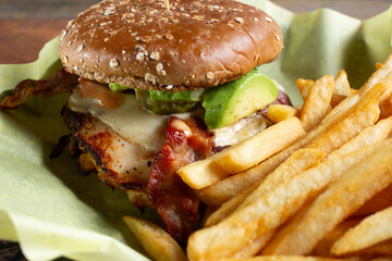 A closeup view of a chicken burger.