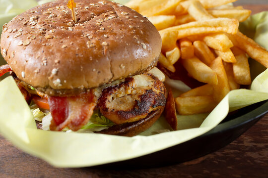 A closeup view of a chicken burger.
