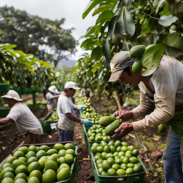 Agricultores cosechando en campo de aguacate - palta
