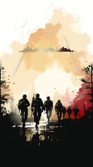 Fototapeta na wymiar Silhouette of Soldiers Marching at Sunset, Abstract Watercolor Military Theme