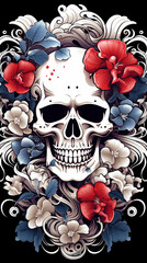 Gothic Floral Skull Illustration on Black Background

