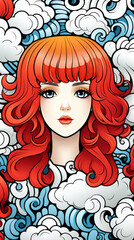Redheaded Female Character with Swirling Cloud Background Illustration

