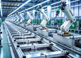 Fototapeta premium Fully Automated Modern PCB Assembly Line Equipped with Advanced High Precision Robot Arms