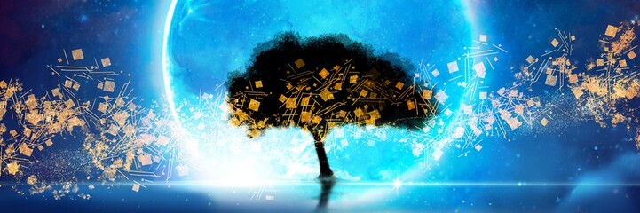 水面に浮かぶ大きな青い満月に照らされた大樹のシルエットと日本画風金箔のワイドサイズイラスト