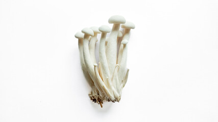 Cluster of fresh enoki mushrooms isolated on a white background with ample space for text, perfect for food and nutrition themes