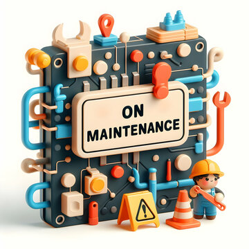 3D flat icon with wording On Maintenance splashed on a canvas board in a construction environmentwith isolated white background and cute style