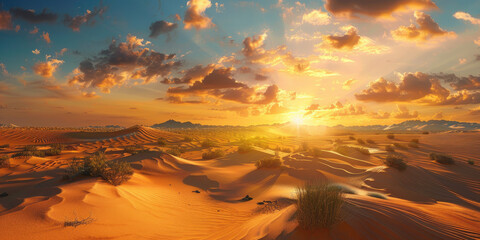 Beautiful oasis in the sandy desert, panorama of the desert landscape, sunset over the sands - obrazy, fototapety, plakaty