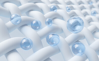 Close up of Water bubble cleans Macro fabric fiber of cloth, 3d rendering.